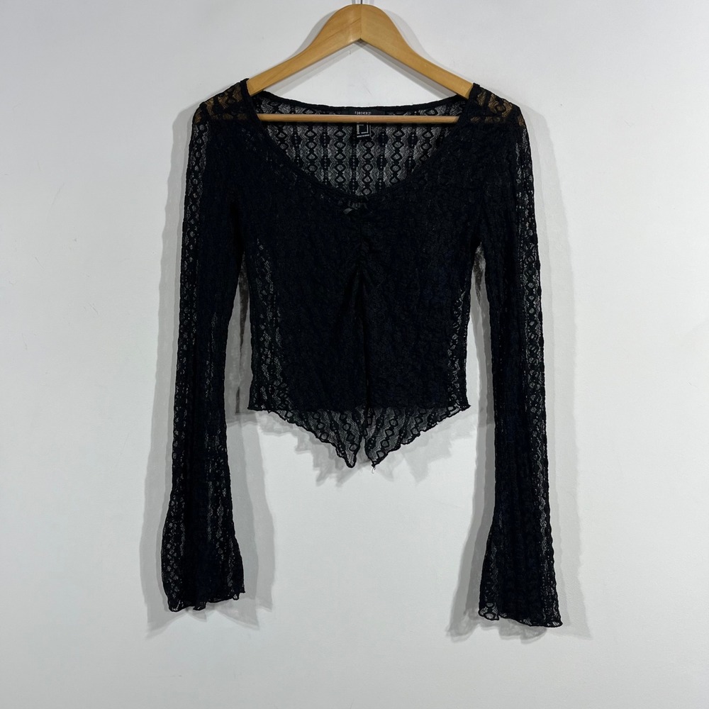 Forever 21 Babydoll Whimsigoth Fairy Grunge Y2K Black Lace Top Sheer Small Boho